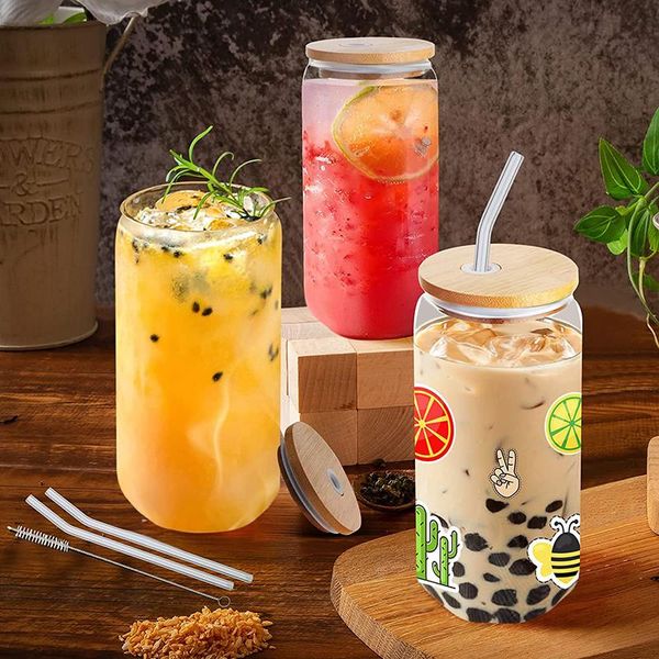 Küchengeschirr 500ML Bubble Tea Glasbecher Wiederverwendbarer Strohhalm Umweltfreundliche Tasse mit Deckel für Milchshake Smoothie Saft Trinkbar Party Trinkgeschirr