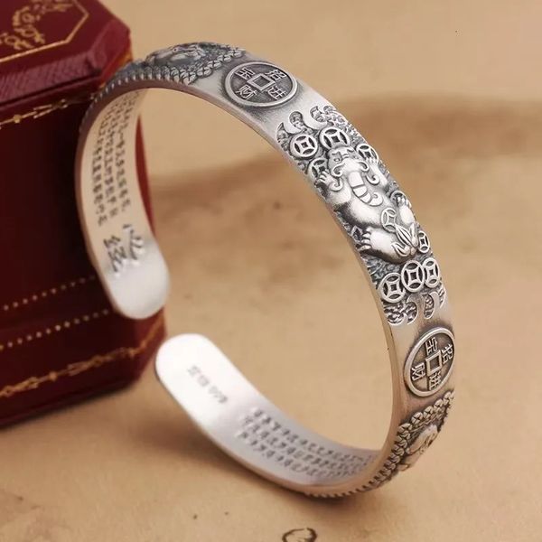 Bangle S999 Sterling Silver Tendência Vintage Pixiu Pulseira Homens Atraindo Riqueza e Tesouro Moeda de Cobre Coração Meridian Jóias Bangle 231128