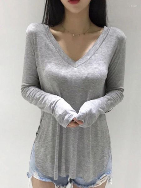 Camisetas femininas casuais camisa de pescoço em v para mulheres primavera 2023 estilo coreano mulher roupas básicas manga longa tops soltos camisetas