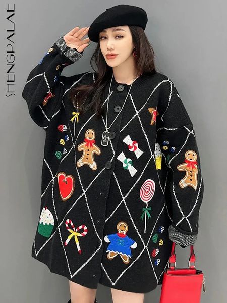 Camisetas femininas de malha SHENGPALAE suéter estampado de desenho animado para mulheres moda inverno gola redonda cardigã fofo 2023 tops de malha solta 5R8098 231129