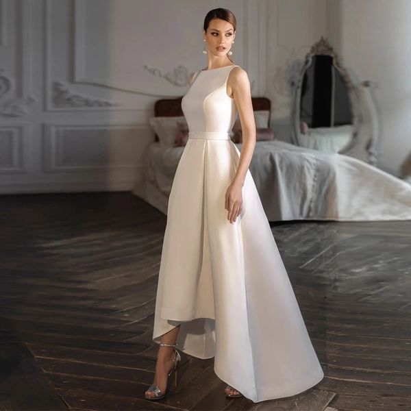 2024 simples clássico vestido de casamento feminino colher sem mangas aberto volta alta baixa cetim vestidos de festa de noiva robe de mariee