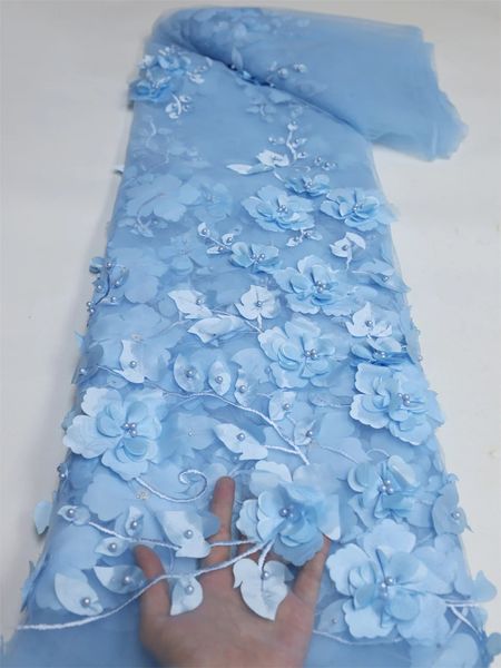 Tessuto Tessuto di pizzo fiore blu 3D con perle Tessuto africano di tulle ricamato francese di alta qualità per abito da festa di nozze cucito 231129