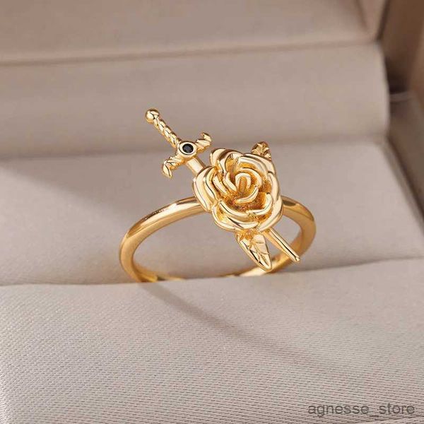 Band Ringe Zirkon Schwert Rose Blume Ringe Für Frauen Offene Silber Farbe Edelstahl Ring Weibliche Mode Finger Ringe Vintage schmuck R231130