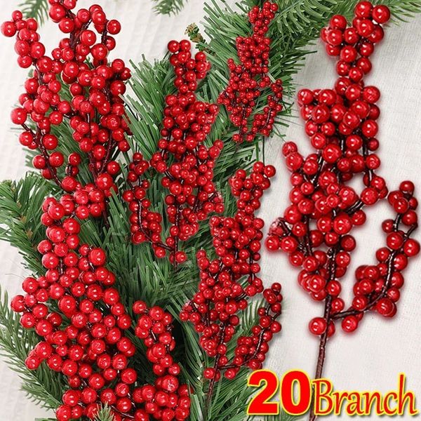 Flores secas 201pcs Natal Red Berries Ramos Artificial Holly Berry Stamen Plantas Grinalda Ornamentos Xmas Tree Party Home Decor 231130