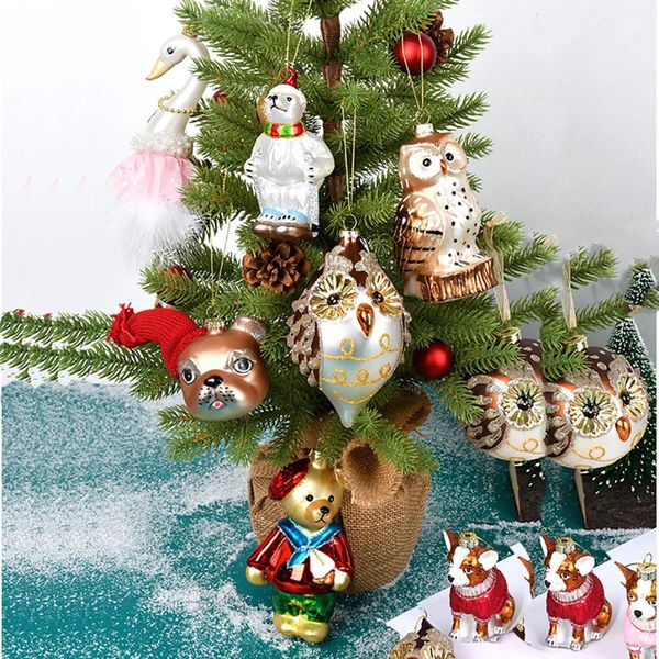 Decorazioni natalizie piccoli animali di natale decorazione di un albero sospeso dipinto a sospensione di vetro cane dowl gatto gatto piccolo orso buon natale ornamento 231129