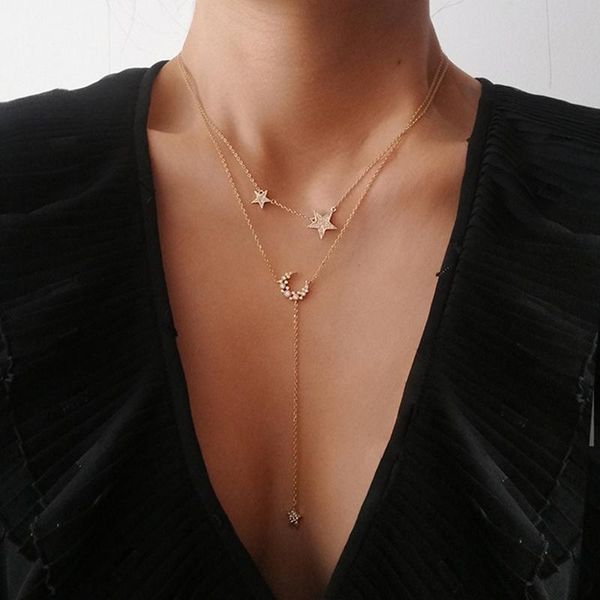 Colares pendentes PCs/set mulheres Conjunto elegante Crystal Moon Pentagrama Chain Chain Gold Party Colar Jóias femininas