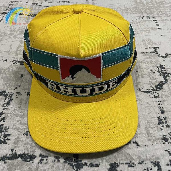 Berretti da baseball con toppa a righe ricamate Giallo Berretto da baseball Rhude Uomo Donna 1 Cappello regolabile per protezione solare esterna di alta qualità Tesa larga T230224 9NWJ