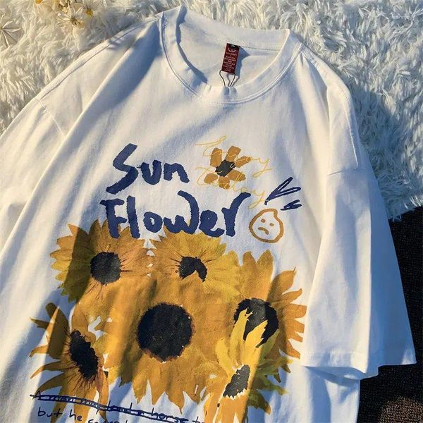 Camiseta masculina verão flor impressão gráfico retro girassol camiseta para homens e mulheres solto encaixe casual tendência de manga curta topo