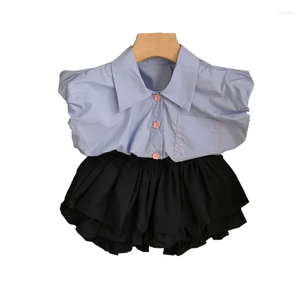 Conjuntos de roupas 2023 verão crianças meninas roupas pequena lapela flor botão sem mangas camisa na moda bolo calças terno