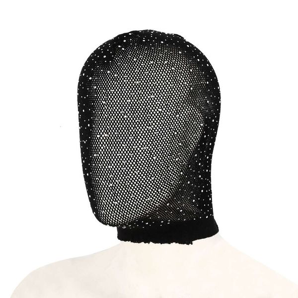 Massageprodukte, transparente schwarze Strumpf-Bondage-Haubenmaske mit Diamant-Zubehör für Frauen, Bdsm, Fetisch, Rollenspiele, sexy, lustiges Party-Spielkostüm