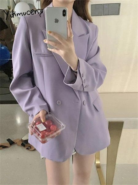 Женские костюмы Yitimuceng, фиолетовый пиджак для женщин, двубортный офисный пиджак с длинным рукавом, женская повседневная куртка, корейские элегантные шикарные пальто