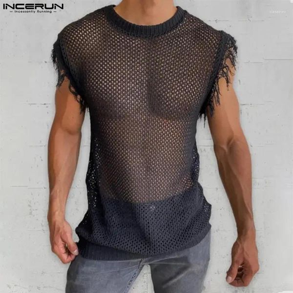 Tanques masculinos 2023 homens malha retalhos borla o-pescoço sem mangas sexy coletes streetwear elegante festa transparente roupas incerun