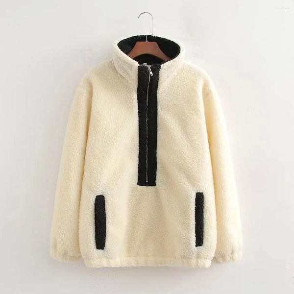 Pelliccia da donna Beige Felpe da donna Pullover Inverno Moda coreana Giovanile Zip-Up Finta pelle di pecora Cappotto di lana di agnello Capispalla Patchwork