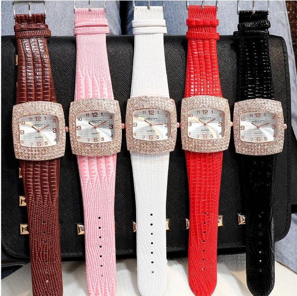 Relógios de pulso feminino relógio com retângulo quadrado dial diamante incrustação relógios de quartzo senhoras relógio vintage simples cinta larga reloj menina