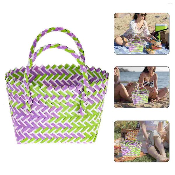 Borse portaoggetti Cestino intrecciato in PVC Borsa da cucina Organizer da cucina Cestini da spiaggia portatili per frutta rustica Manico piccolo