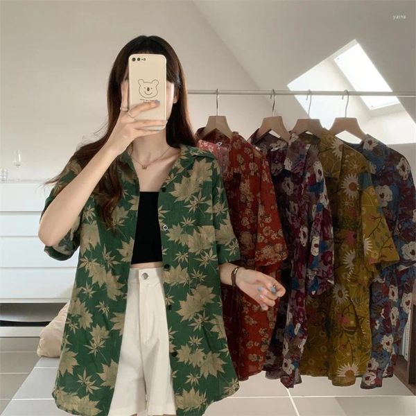 Damenblusen, Vintage-Bluse, Damen, 90er-Jahre-Ästhetik, Oversize, Harajuku, Blumenmuster, kurzärmelig, Retro-Shirts, modisch, Strandurlaub, Streetwear, Tops