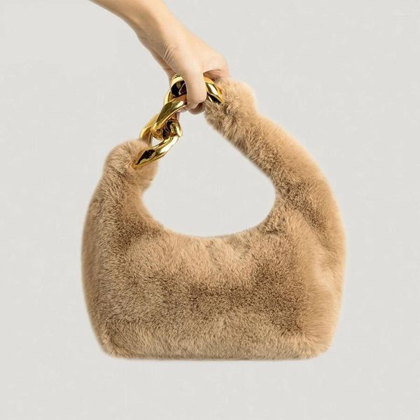 Portafogli Tote in pelliccia sintetica Borsa a mezzaluna in peluche Borsa a tracolla con catena in metallo Portafoglio invernale da donna con pochette pelosa con manico corto da polso