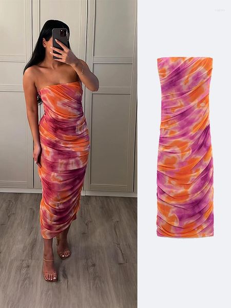 Vestidos casuais femininos vestido midi tie-dye tule ruched vintage sem alças estampado fino zíper lateral 2023 moda vestidos femininos