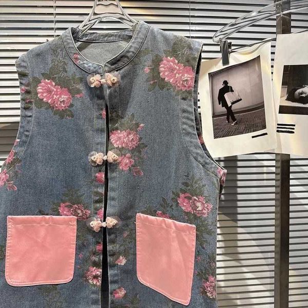 Primavera verão novo denim cardigan estilo chinês botão impresso colete jaqueta tendência feminina