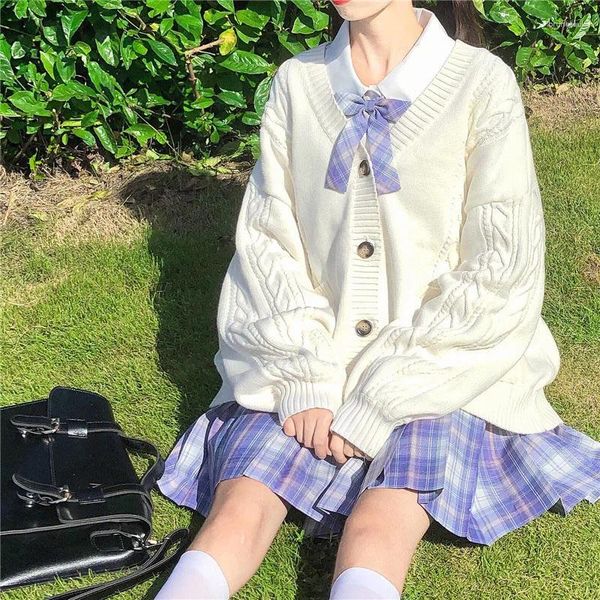 Malhas femininas japonês doce meninas jk cardigan solto malha torção camisola casaco estudante uniforme escolar moda feminina bolsos duplos malhas