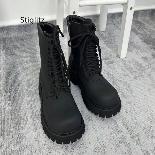 Stivali neri con lacci alti da uomo stile britannico testa grande fondo spesso con cerniera Chelsea scarpe da lavoro alla caviglia 231130