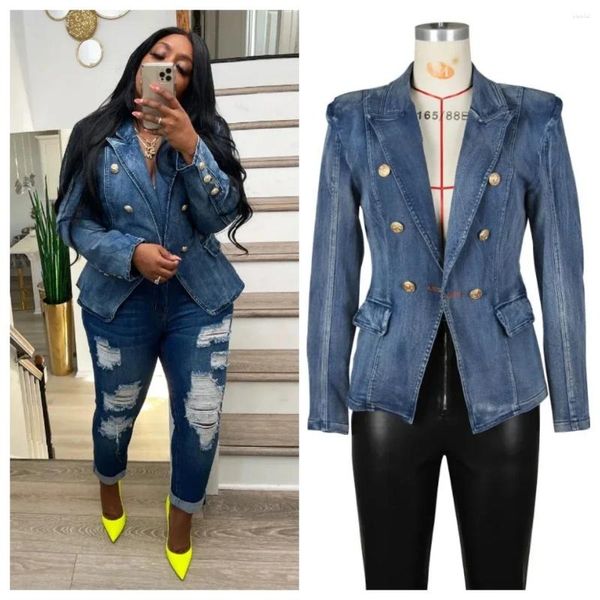 Damenjacken Frauen Slim Jeans Jacke Mode Kerbkragen Langarm Zweireiher Denim Mäntel Lässige Streetwear Tops Weiblicher Blazer