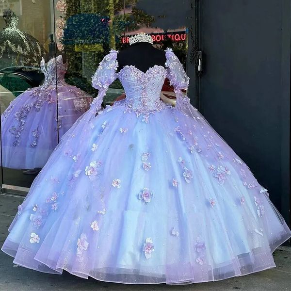 Himmelblaues Blumen-Schatz-Quinceanera-Kleid, schulterfrei, Applikationen, Blumen, süßes 15. Geburtstags-Prinzessin-Partykleid, Ballkleid für 15 Jahre