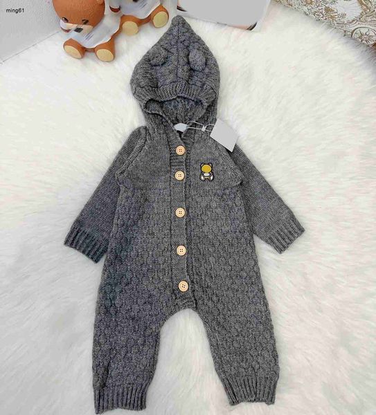 Брендовые комбинезоны с капюшоном для малышей, зимняя одежда для новорожденных, размер 59-90, вязаный однорядный комбинезон с пряжкой для младенцев Nov25