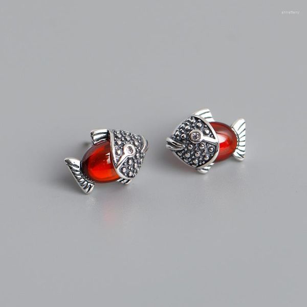 Brincos do garanhão Enosola Genuine 925 Sterling Silver Red Crystal Fish for Women Vintage Thai Fashion Party