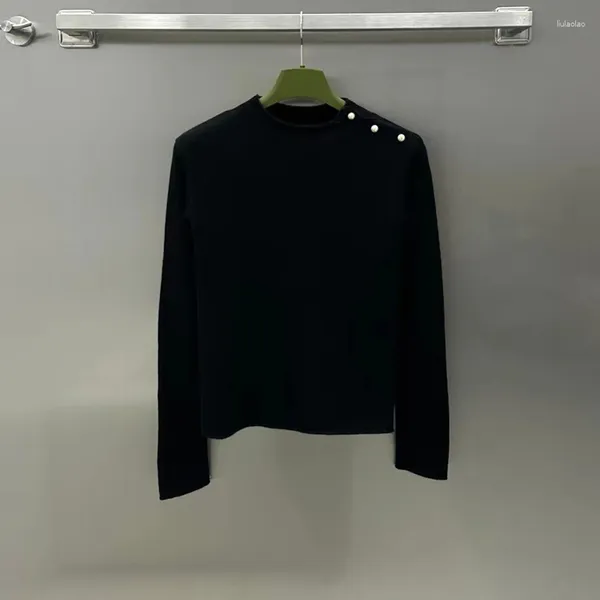 Suéteres femininos moda alta qualidade suéter de cashmere preto para mulheres 2023 macio barco-pescoço ombro-botão manga comprida jumper feminino