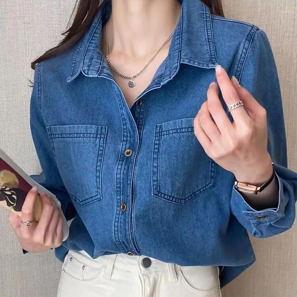 Blusas femininas 2023 vintage denim camisa turn down collar bolsos duplos casual jeans blusa senhoras topos primavera outono