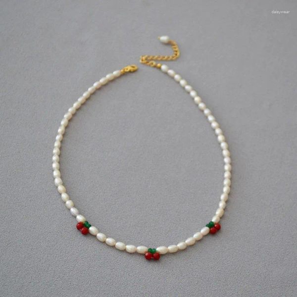 Halsketten mit Anhänger, rote Kirsche, Chocker, Süßwasserperle, vergoldetes Messing, süße, elegante Damen-Halskette