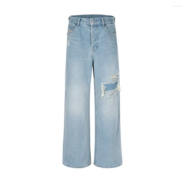 Jeans da uomo blu streetwear gamba larga taglio largo lavato unisex dritto Y2K pantaloni svasati strappati pantaloni denim casual oversize da uomo