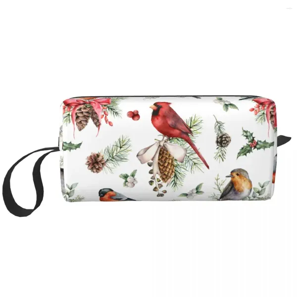 Kosmetiktaschen, Aquarell-Weihnachtsvögel und Pflanzen, große Make-up-Tasche, Beauty-Beutel, Reise, handbemalter Bullfinch-Organizer für