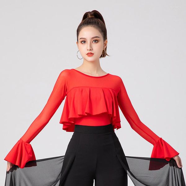 Stage Wear Ruffle Dance Costume Damen Strampler Adult Fantasy Latin Slim Fit Woman Clothing Elegant Solid Color Petal Sleeve Belly Top