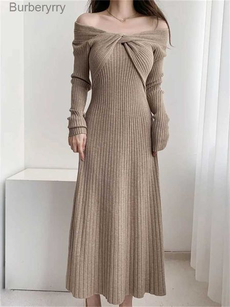 Grundlegende Freizeitkleider Französisches langes Kleid Frauen Elegantes Strickkleid Fe Sexy One Shoulder Slim Sweater Kleider Damen Herbst Winter Warm DressL231130