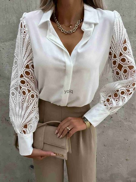 Camicette da donna Camicette Camicetta elegante Camicia bianca 2023 Primavera Estate V-ne Manica in pizzo Cut-out Comter Top S-XXLyolq