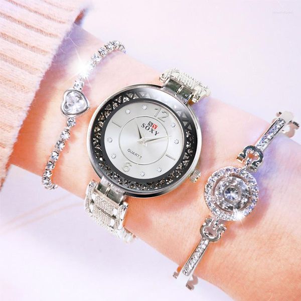 Нарученные часы группа из нержавеющей стали Quartz Watches Set Women Diamond Birstwatch Fashion Fashion Gif