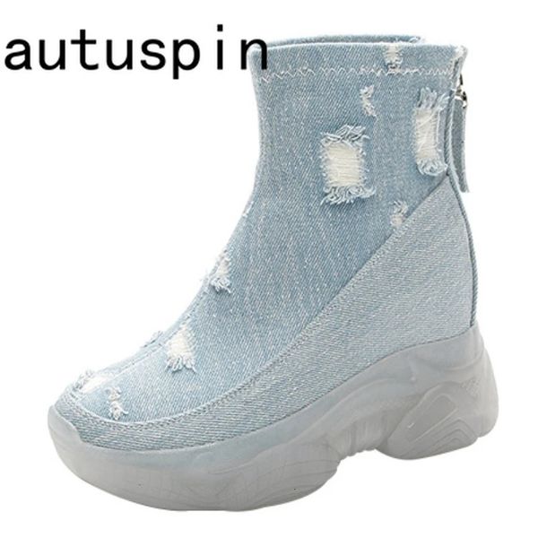 Botas Autuspin Denim Mulheres Ankle Boot Verão Outono Moda Ao Ar Livre Aumentando Altura Cunha Salto Alto Botas Senhoras Design Sapatos 231129