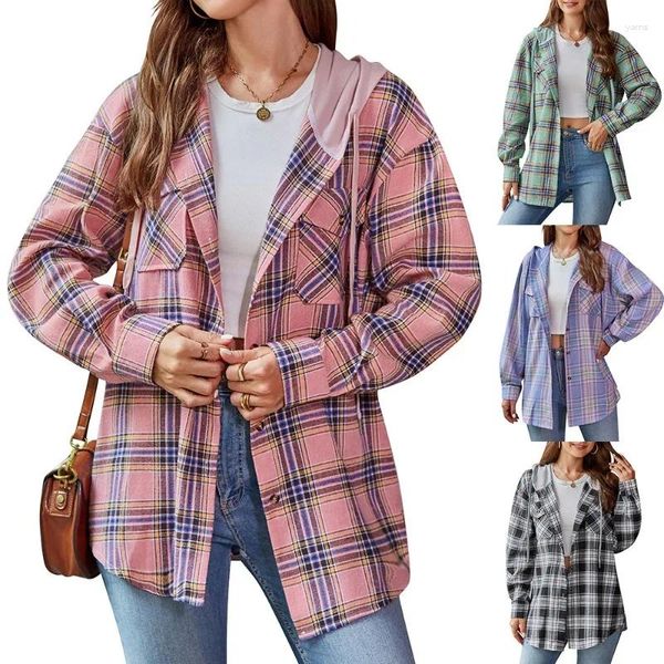 Camicette da donna Cardigan autunno e inverno Colletto con cappuccio Manica lunga Scozzese Tasca con bottoni Allacciatura Camicia casual alla moda allentata Top