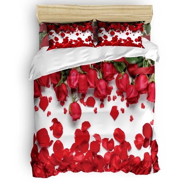 Conjuntos de cama Rosa Vermelha Flor Folha Verde Linda Capa de Edredão Conjunto Quente e Confortável 2/3 / 4pcs Conjunto de Cama Lençol Fronhas Conjunto de Capa 231129