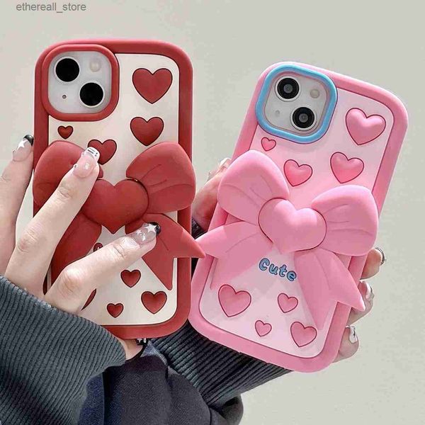 Custodie per cellulari 3D Cute Bowknot Staffa pieghevole Cavalletto Custodia morbida in silicone per iPhone 11 12 13 14 15 Pro Max Heart Capodanno Cover Shell Q231130