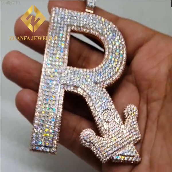 Vendita calda personalizzata Lettera R ciondolo corona argento sterling 925 VVS moissanite diamante gioielli hip hop pendente lettera ghiacciato