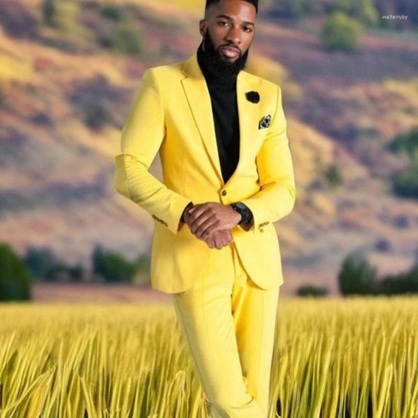 Ternos masculinos amarelo fino ajuste para festa de baile de casamento 2 peça moda africana noivo smoking (calças jaqueta) 2023