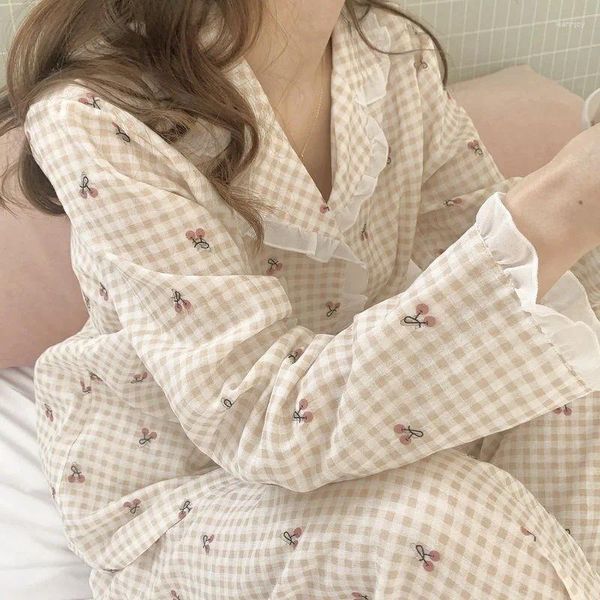 Mulheres sleepwear primavera e outono pijama mulheres leite seda damasco xadrez cereja de manga comprida solto cardigan pode ser usado fora do lazer