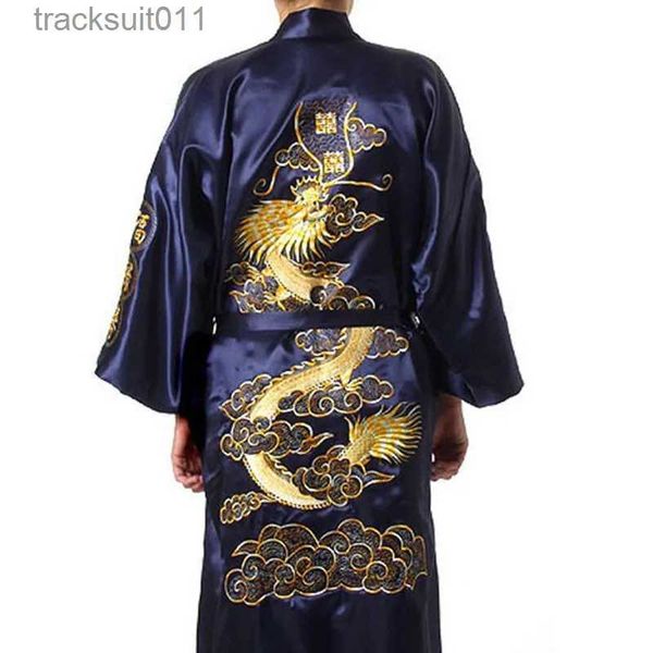 Мужские халаты, темно-синий китайский мужской атласный шелковый халат, кимоно с вышивкой, банное платье, размер дракона, S, M, L, XL, XXL, XXXL, S0008 L231130