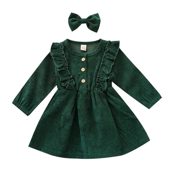 Dancewear Autunno Bambini Ragazze Vestito Fascia 2 pezzi Colore solido Increspature Manica lunga Bowknot Bottone Una linea Abiti da principessa 231130