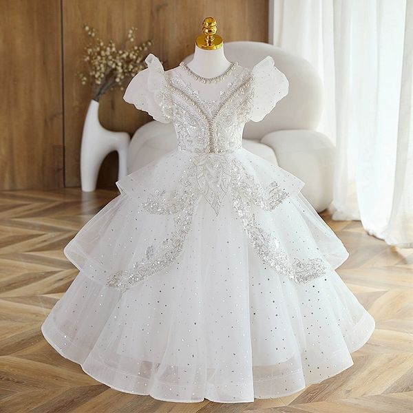 Weiße, mit Perlen verzierte Blumenmädchenkleider, luxuriöses, glänzendes, elegantes, appliziertes Spitzenperlen-Erstkommunionkleid, Prinzessin, Flügelärmel, neues maßgeschneidertes Festzugskleid für Kinder