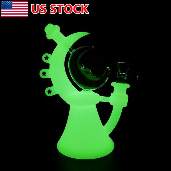 Brilha no escuro fumar narguilé lua bule bong shisha tigela de vidro silicone tubo de água borbulhador 7,4 polegadas + tigela de vidro