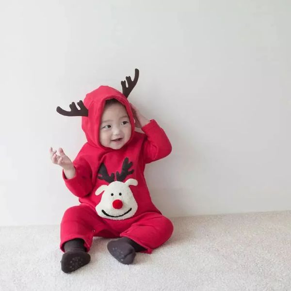 Pagliaccetti Autunno Inverno nati Baby Christmas Tuta con cappuccio Boy Girl Infant Ricamo Cartoon Deer Pagliaccetto Kid Cotton Thick On pezzo 231129